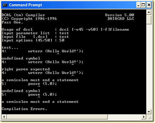 Command Prompt: DCC1 Test (Errors)
